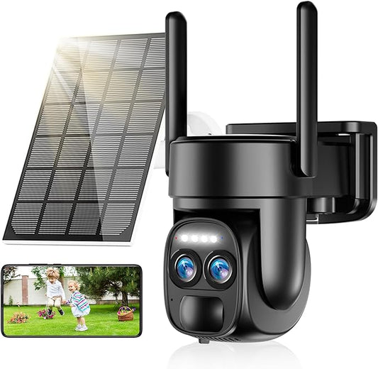 4K Solar Security Cameras Wireless Outdoor, Dual Lens, 8MP 2.4GHz WiFi PTZ Camera Battery Powered, 360°View Home Security Systems with Color Night Vision